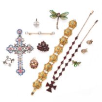 NO RESERVE - A COLLECTION OF JEWELLERY comprising an antique garnet, emerald, pearl and enamel cr...