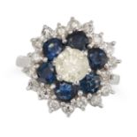 A SAPPHIRE AND DIAMOND CLUSTER RING in 18ct white gold, set with a round cut diamond of approxima...