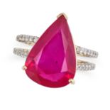 A GLASS FILLED RUBY AND DIAMOND RING set with a pear cut glass filled ruby, the bifurcated band s...