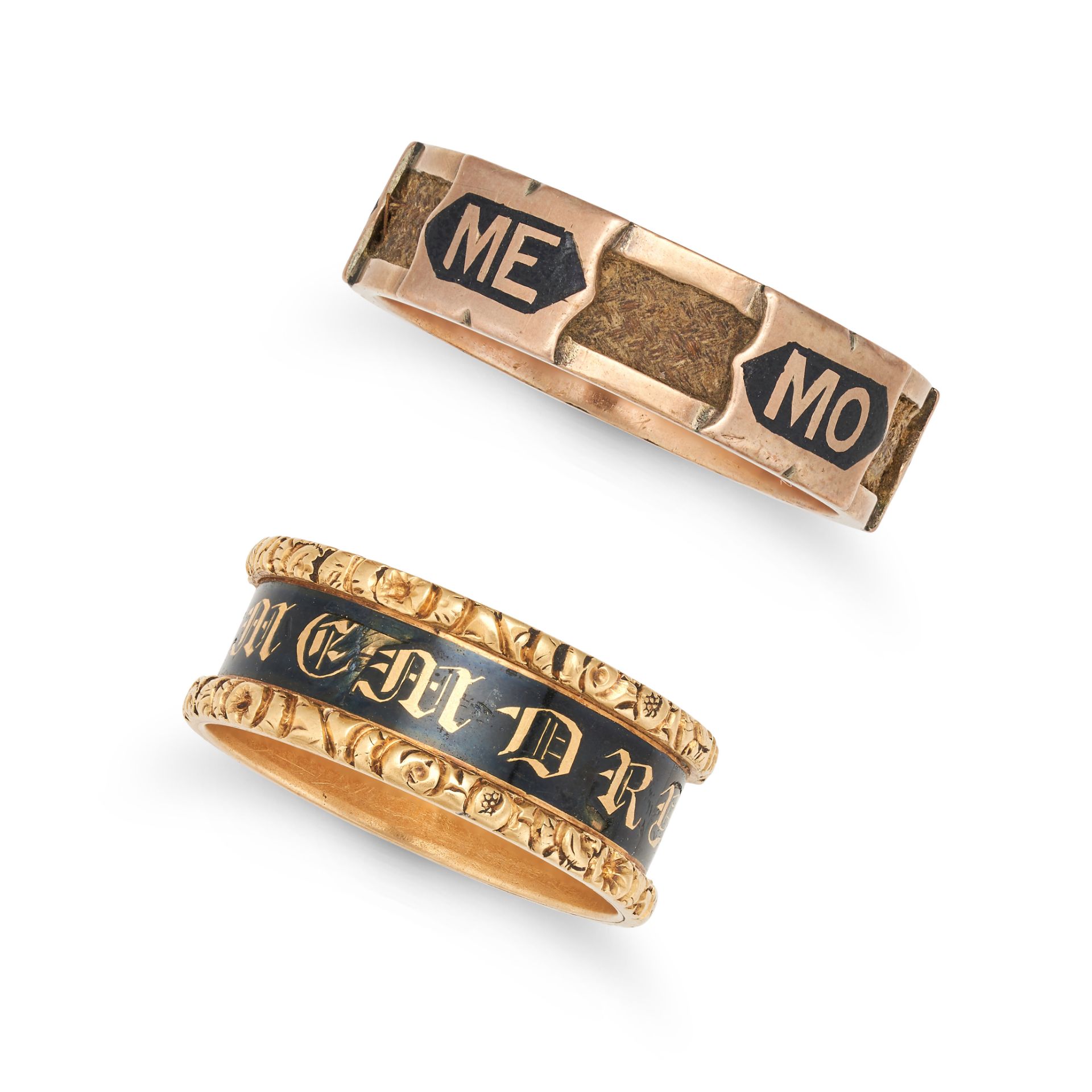 NO RESERVE - TWO ANTIQUE ENAMEL MOURNING RINGS comprising a black enamel ring in 18ct yellow gold...