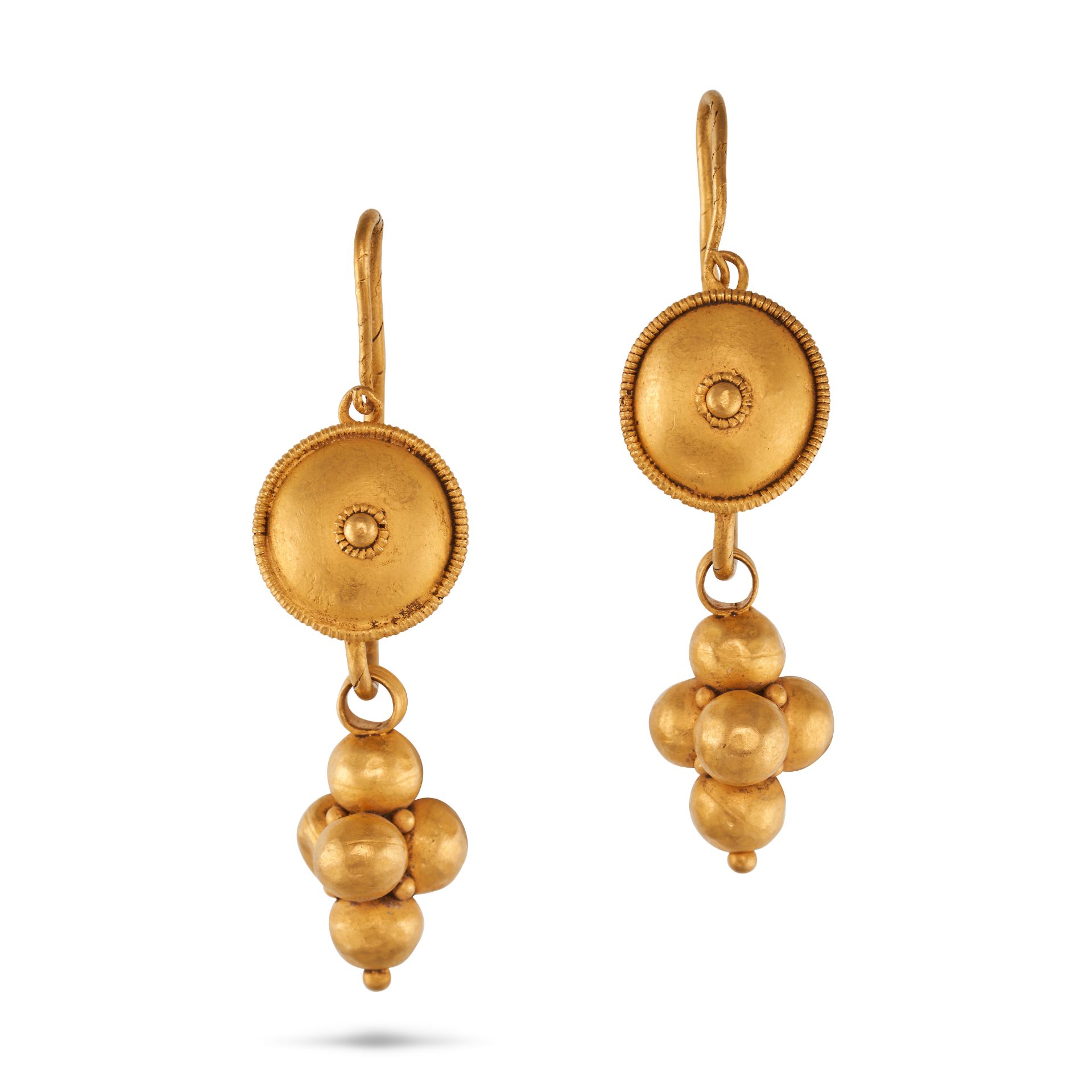 A PAIR OF ROMAN REVIVAL DROP EARRINGS in high carat yellow gold, each comprising a shield motif s...