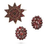 NO RESERVE - AN ANTIQUE BOHEMIAN GARNET BROOCH AND EARRINGS the brooch designed as a ten rayed st...
