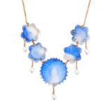 NO RESERVE - A BLUE GLASS AND PEARL FLOWER NECKLACE comprising a row of five flowers moulded from...