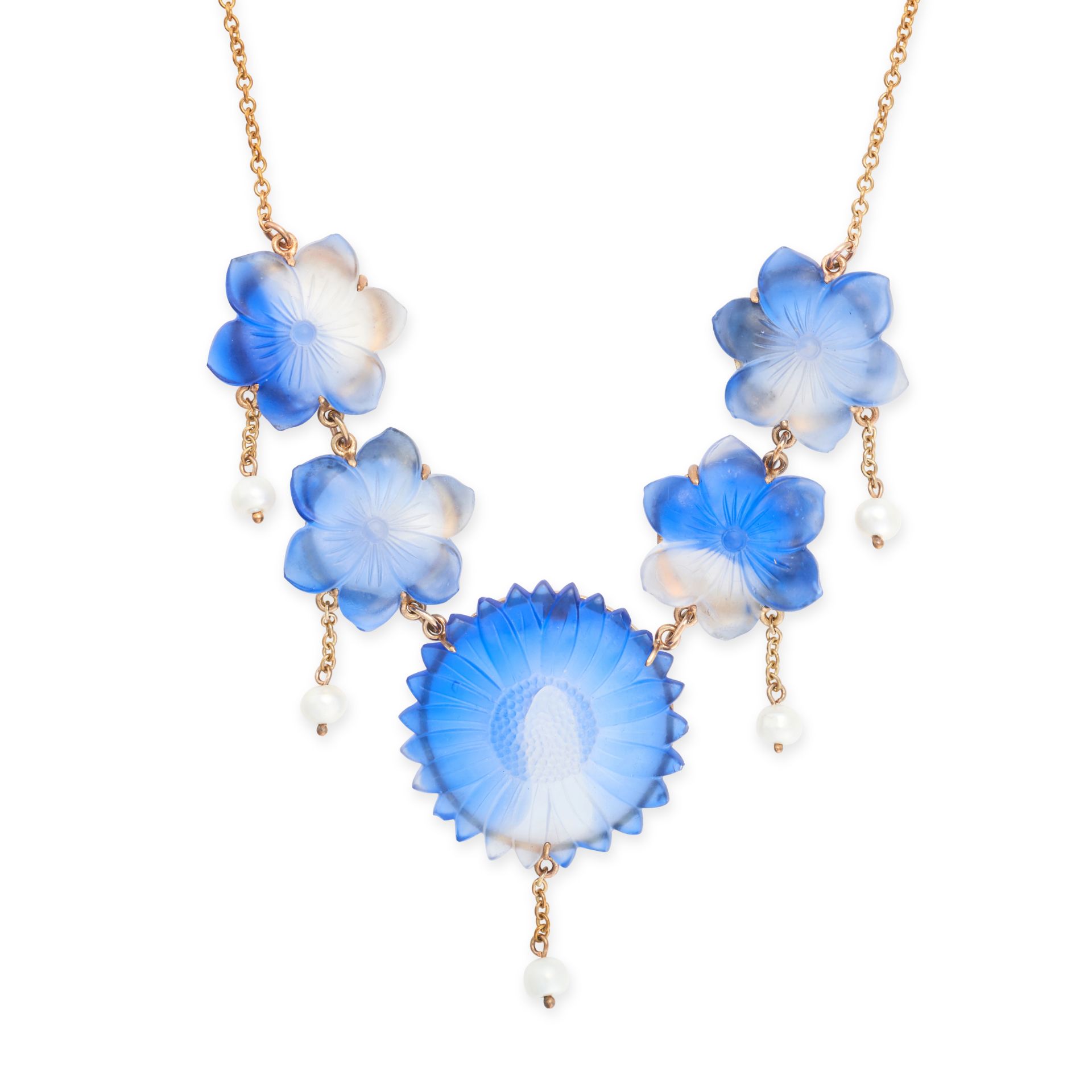 NO RESERVE - A BLUE GLASS AND PEARL FLOWER NECKLACE comprising a row of five flowers moulded from...