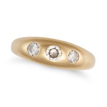 A VINTAGE DIAMOND GYPSY RING in 18ct yellow gold, set with three round cut diamonds, full British...