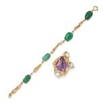NO RESERVE - AN AVENTURINE QUARTZ BRACELET AND AMETHYST AND PEARL BROOCH the bracelet comprising ...