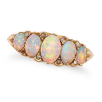 NO RESERVE - AN ANTIQUE OPAL AND DIAMOND RING in 18ct yellow gold, set with a row of five graduat...