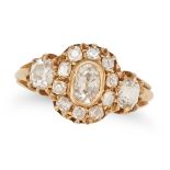 AN ANTIQUE DIAMOND CLUSTER RING in 18ct yellow gold, set with a cluster of old cut diamonds accen...