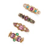 A COLLECTION OF ANTIQUE RINGS comprising an amethyst and emerald ring, no assay marks, size J / 4...