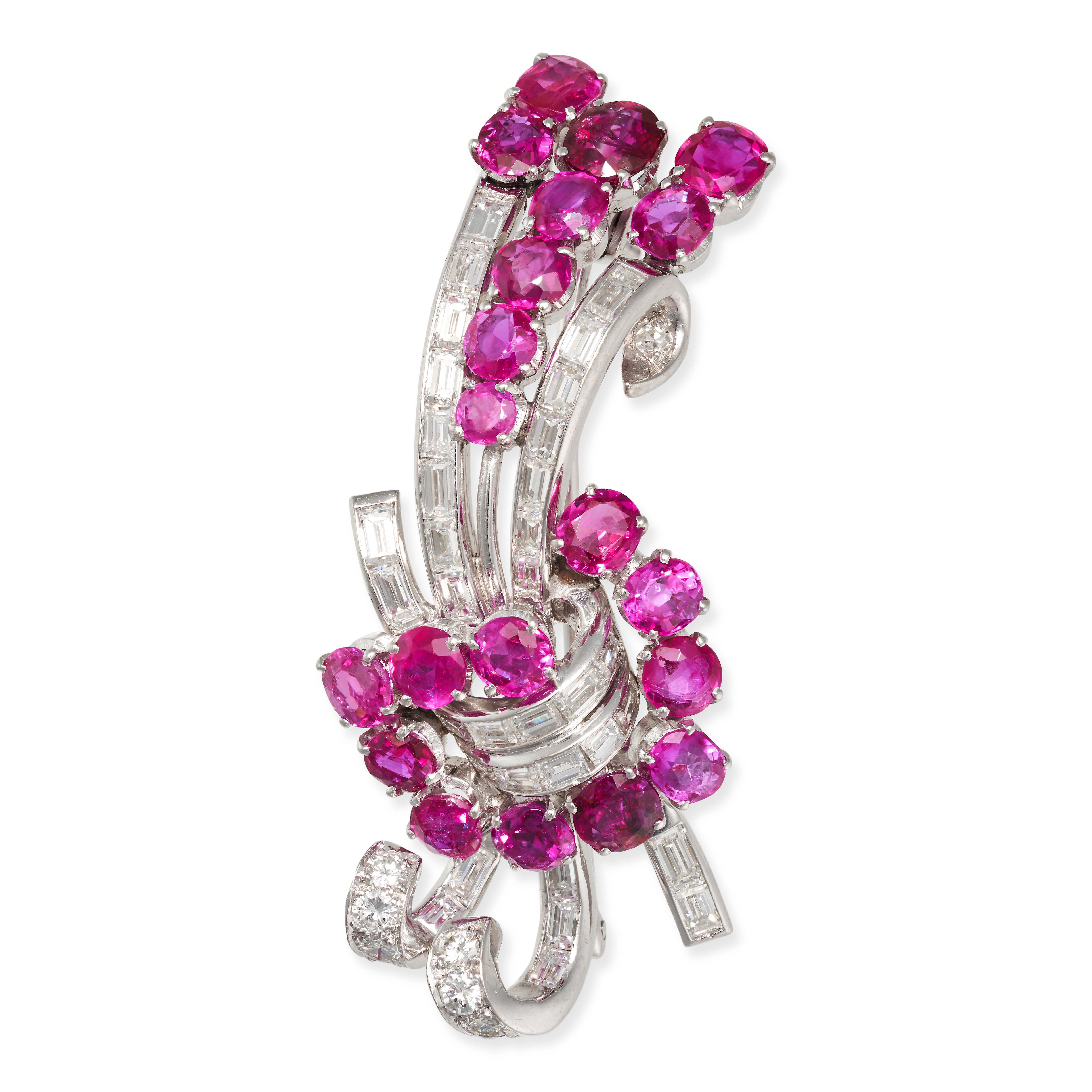 A RUBY AND DIAMOND SPRAY BROOCH designed as a stylised spray set with round brilliant and baguett...
