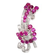 A RUBY AND DIAMOND SPRAY BROOCH designed as a stylised spray set with round brilliant and baguett...