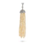 A NATURAL SALTWATER PEARL AND DIAMOND TASSEL PENDANT comprising ten rows of natural saltwater pea...