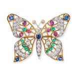A RUBY, EMERALD, SAPPHIRE AND DIAMOND BUTTERFLY BROOCH designed as a butterfly set with round cut...