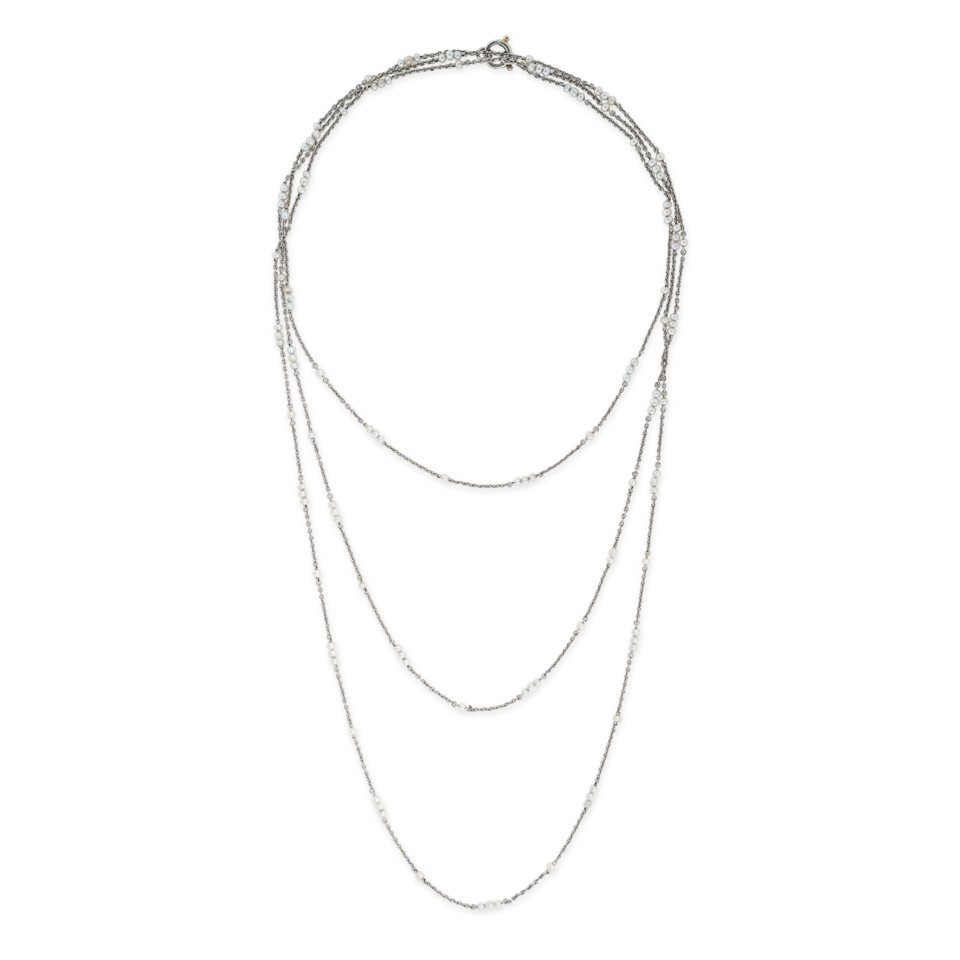 A PEARL SAUTOIR NECKLACE comprising a trace chain set with seed pearls, no assay marks, 150.0cm, ...