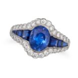 A SAPPHIRE AND DIAMOND RING in platinum, set with an oval cut sapphire of approximately 2.76 cara...