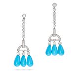 A PAIR OF TURQUOISE AND DIAMOND DROP EARRINGS each comprising a row of round brilliant cut diamon...