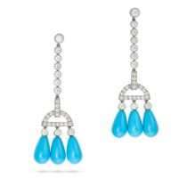 A PAIR OF TURQUOISE AND DIAMOND DROP EARRINGS each comprising a row of round brilliant cut diamon...