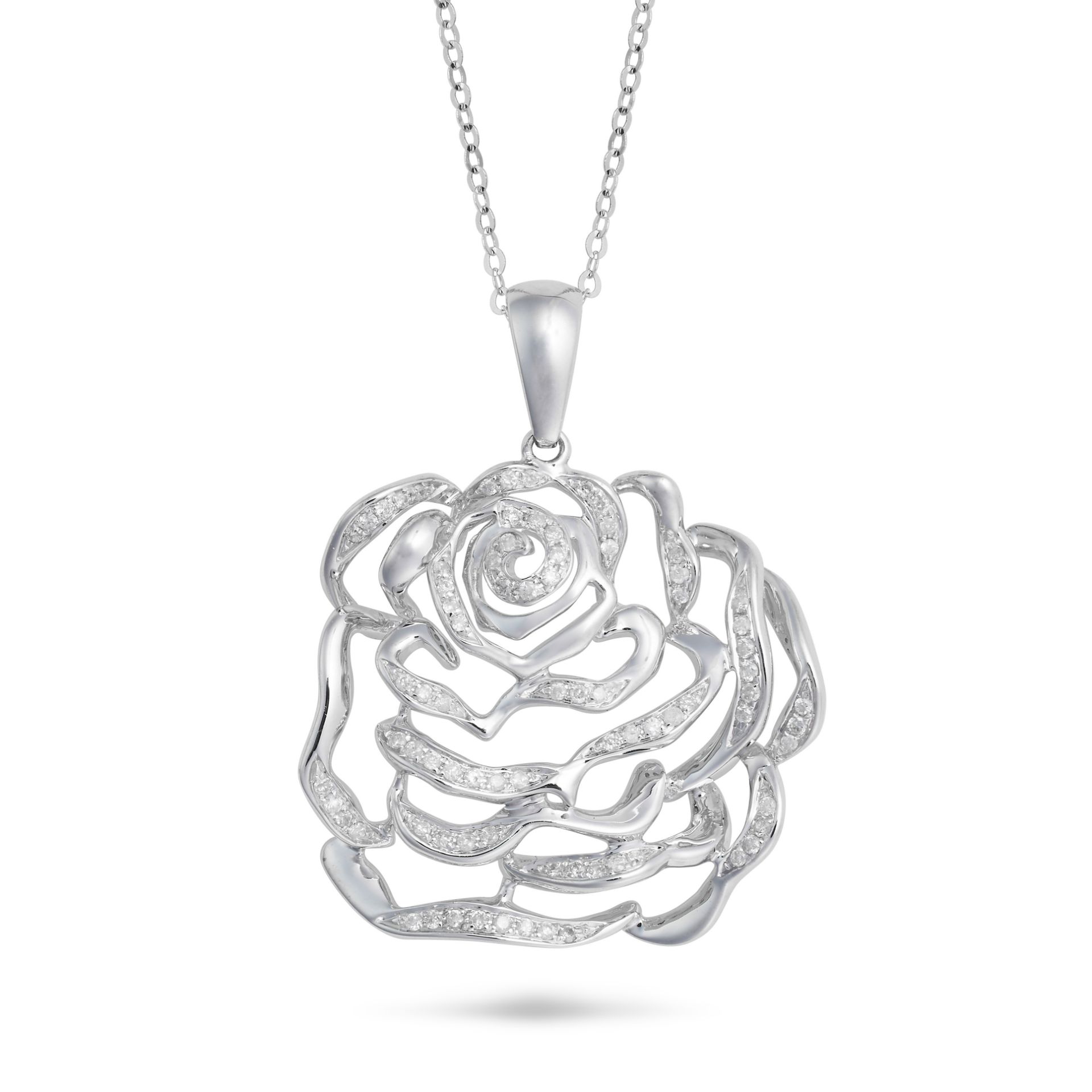 A DIAMOND ROSE PENDANT NECKLACE the pendant designed as an openwork rose accented by round cut di...