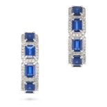 A PAIR OF SAPPHIRE AND DIAMOND HALF HOOP EARRINGS in 18ct white gold, each designed as a half hoo...