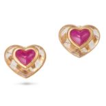 MARINA B, A PAIR OF RUBY AND RUTILATED QUARTZ HEART CLIP EARRINGS each set with a heart shaped ca...