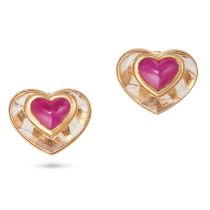 MARINA B, A PAIR OF RUBY AND RUTILATED QUARTZ HEART CLIP EARRINGS each set with a heart shaped ca...