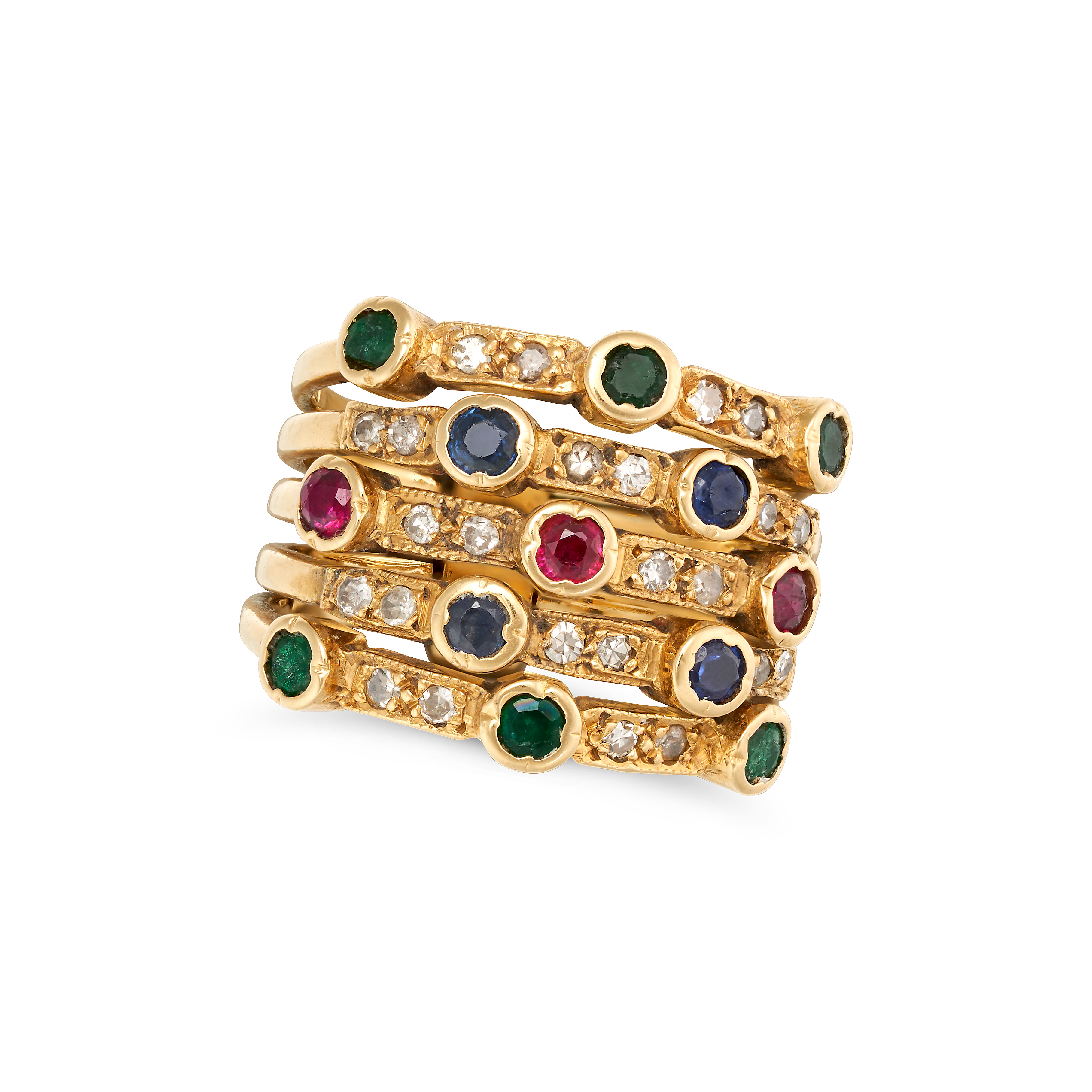 A GEMSET HAREM RING formed of five connected rings set with cushion cut sapphires, rubies and eme...