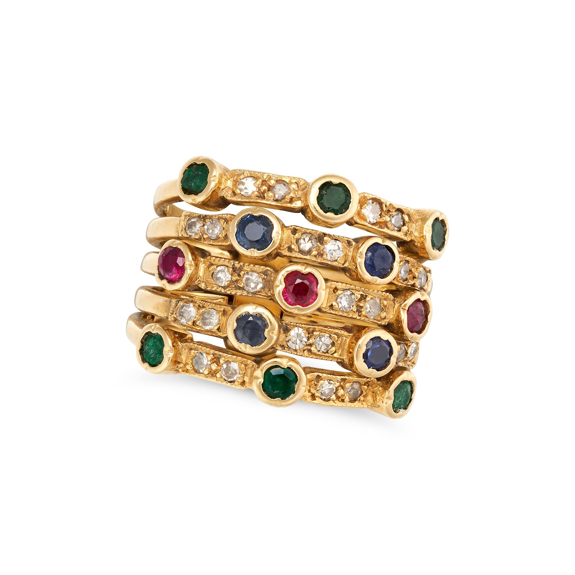 A GEMSET HAREM RING formed of five connected rings set with cushion cut sapphires, rubies and eme...