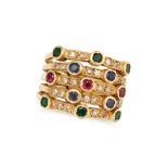 A GEMSET HAREM RING formed of five connected rings set with cushion cut sapphires, rubies and eme...