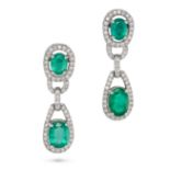 A PAIR OF ZAMBIAN EMERALD AND DIAMOND DROP EARRINGS each set with an oval cut emerald in a frame ...