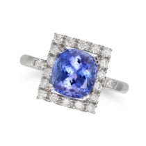 A TANZANITE AND DIAMOND DRESS RING set with a cushion cut tanzanite of approximately 2.99 carats,...