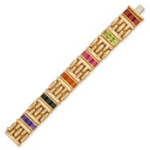 AN ITALIAN MULTIGEM BRACELET comprising a row of brick links accented by trios of square step cut...