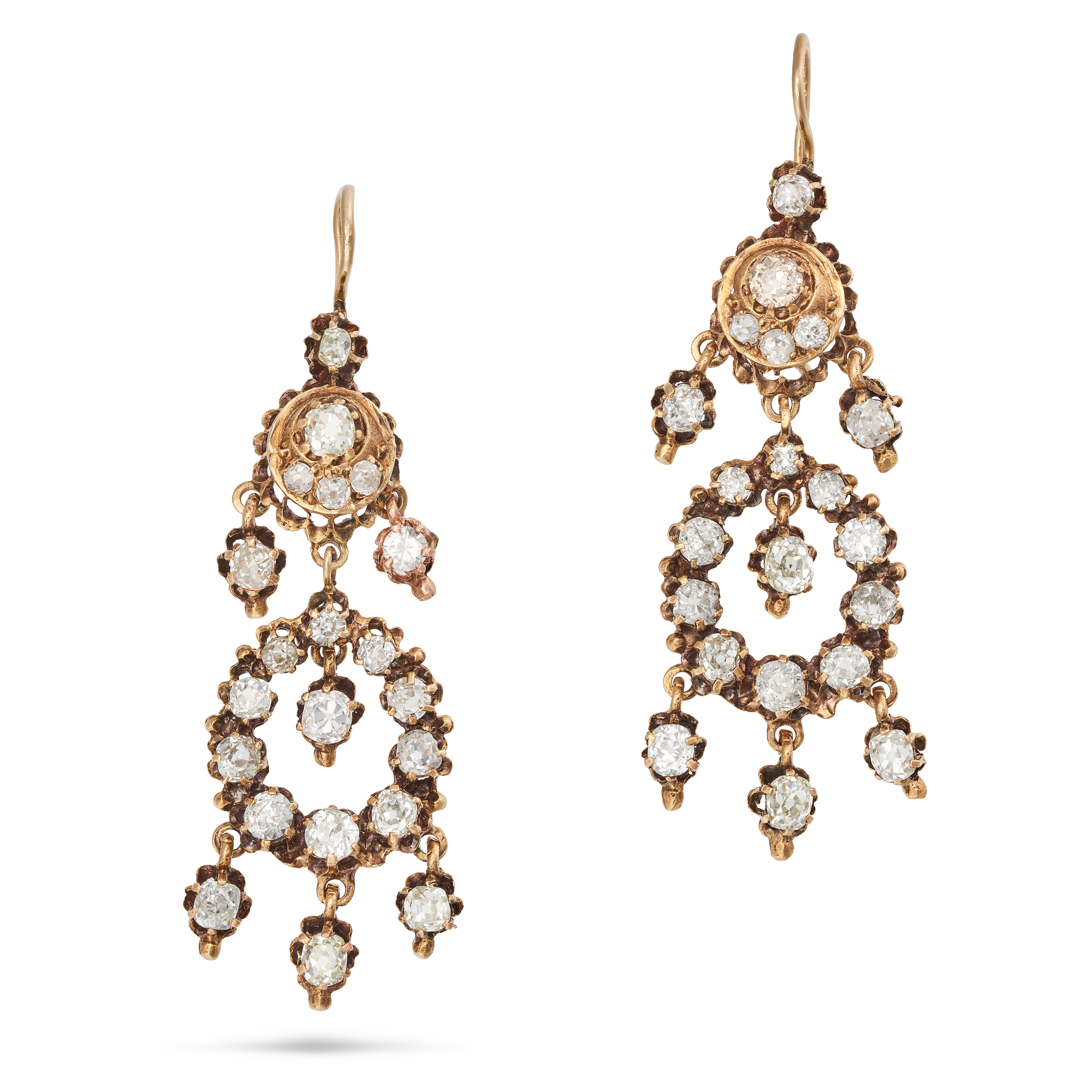 A PAIR OF ANTIQUE DIAMOND DROP EARRINGS, 19TH CENTURY in yellow gold, each comprising a cluster o...