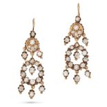 A PAIR OF ANTIQUE DIAMOND DROP EARRINGS, 19TH CENTURY in yellow gold, each comprising a cluster o...