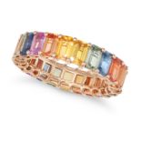A MULTICOLOUR SAPPHIRE ETERNITY RING set all around with a row of octagonal step cut blue, green,...