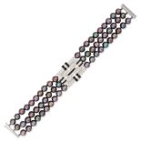 A BLACK PEARL, DIAMOND AND ENAMEL BRACELET in white gold, comprising three rows of black pearls, ...
