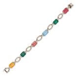 A MULTIGEM BRACELET comprising a row of oval links set with an octagonal step cut citrine, green ...