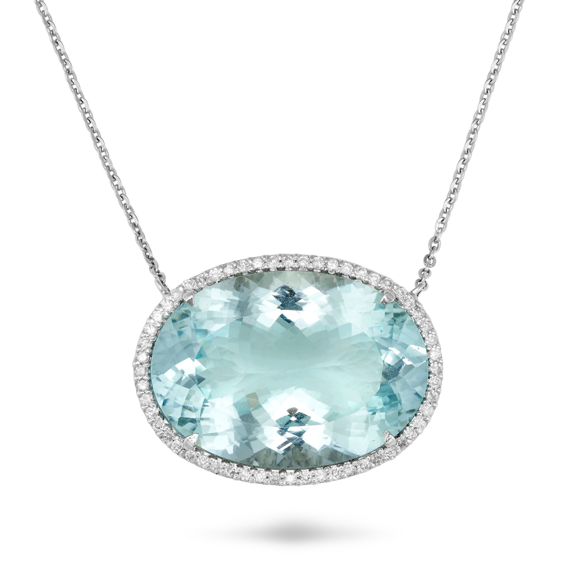 AN AQUAMARINE AND DIAMOND PENDANT NECKLACE in 18ct white gold, the pendant set with an oval cut a...