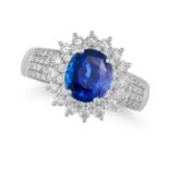 A CEYLON SAPPHIRE AND DIAMOND CLUSTER RING set with an oval cut sapphire of 2.57 carats in a clus...
