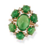 A TSAVORITE GARNET AND DIAMOND RING in yellow gold, set with a cluster of cabochon tsavorite garn...