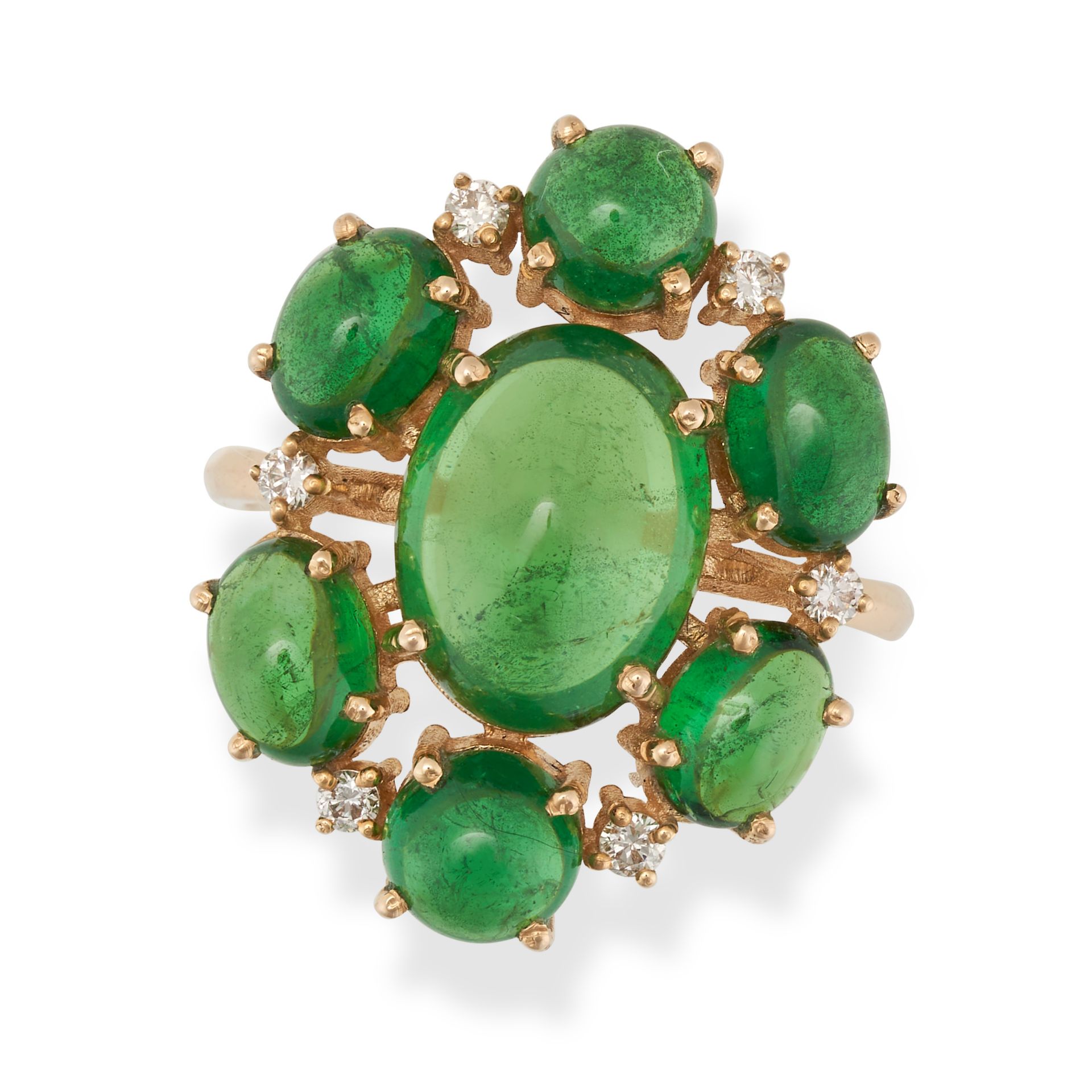A TSAVORITE GARNET AND DIAMOND RING in yellow gold, set with a cluster of cabochon tsavorite garn...