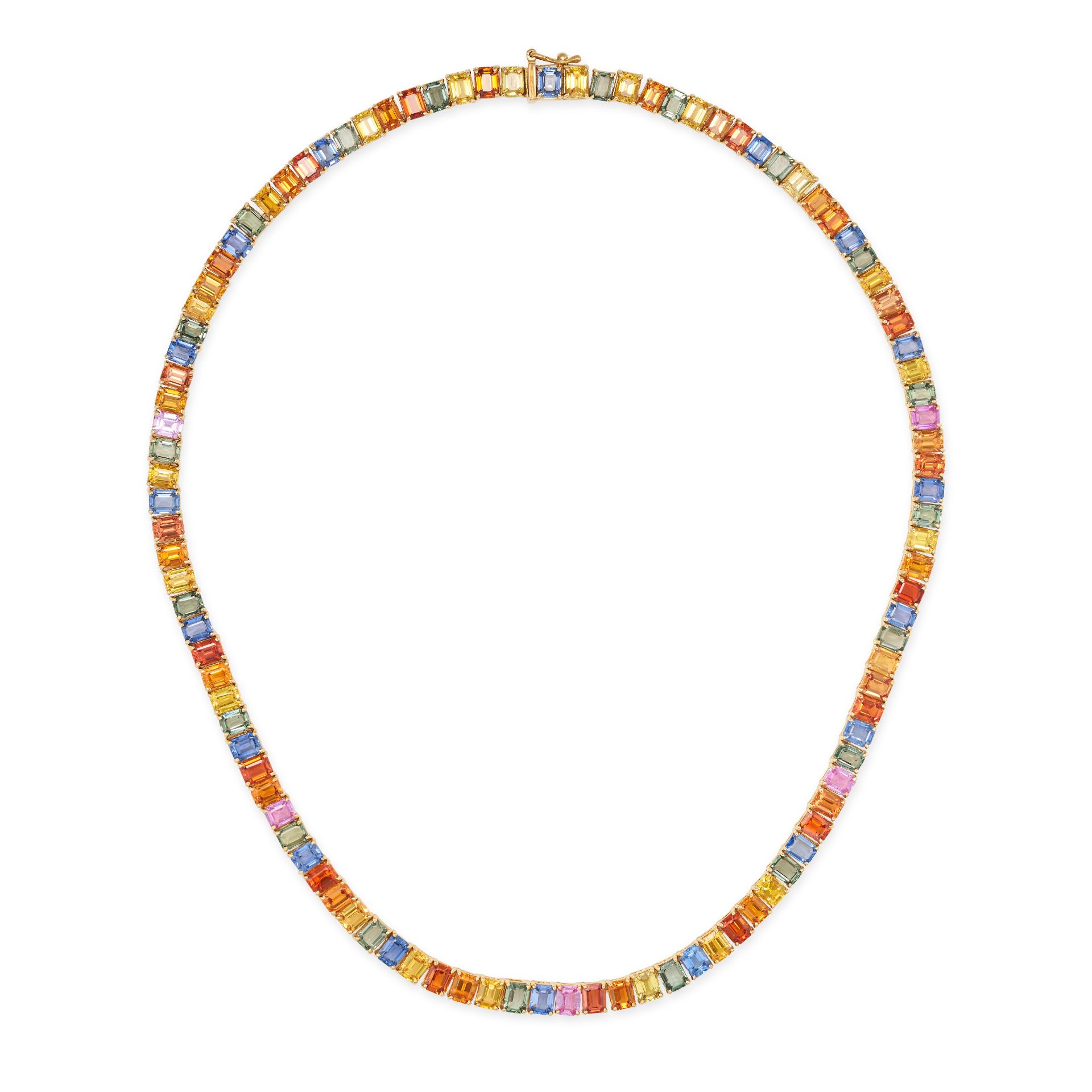 A MULTICOLOUR SAPPHIRE LINE NECKLACE comprising a row of octagonal step cut blue, yellow, green, ...