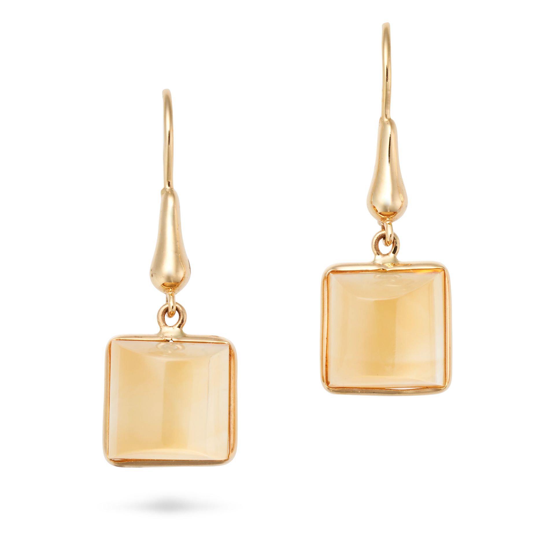 A PAIR OF CITRINE DROP EARRINGS each set with a fancy cabochon citrine, stamped 18K, 3.1cm, 3.7g.