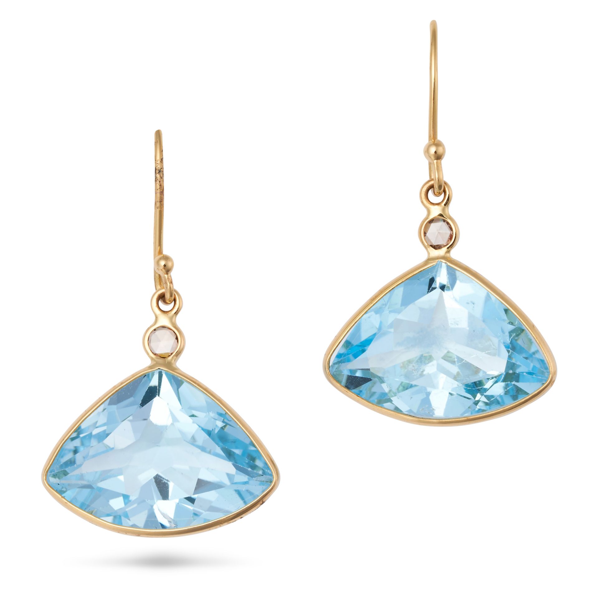 A PAIR OF BLUE TOPAZ AND DIAMOND DROP EARRINGS in 18ct yellow gold, each set with a round cut dia...