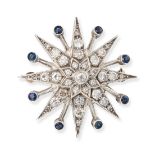 A VINTAGE DIAMOND AND SAPPHIRE STAR BROOCH / PENDANT designed as an eight rayed star set througho...
