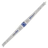 AN ART DECO AUSTRIAN SAPPHIRE AND DIAMOND BRACELET in platinum and gold, set with a cushion cut s...
