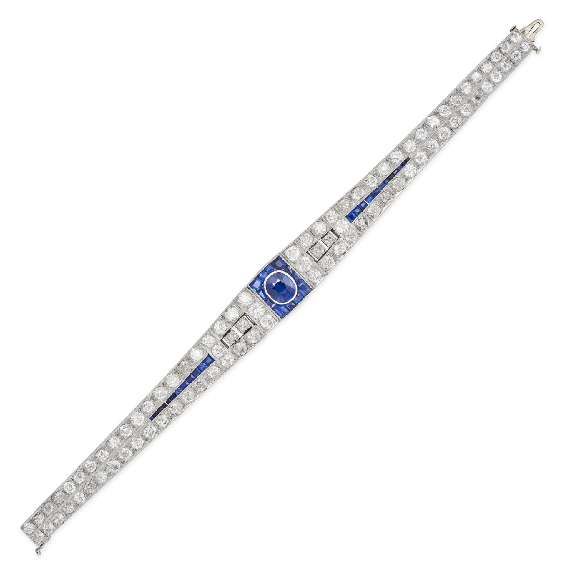 AN ART DECO AUSTRIAN SAPPHIRE AND DIAMOND BRACELET in platinum and gold, set with a cushion cut s...
