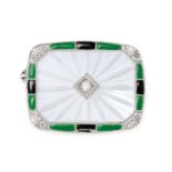 NO RESERVE - A ROCK CRYSTAL, DIAMOND AND ENAMEL BROOCH comprising a frosted rock crystal panel se...