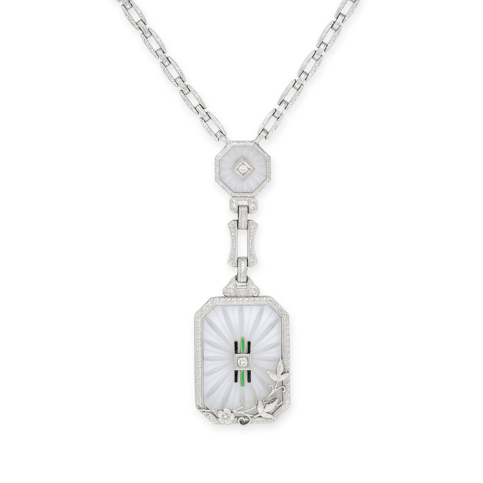 NO RESERVE - A ROCK CRYSTAL, DIAMOND AND ENAMEL PENDANT NECKLACE comprising a frosted rock crysta...