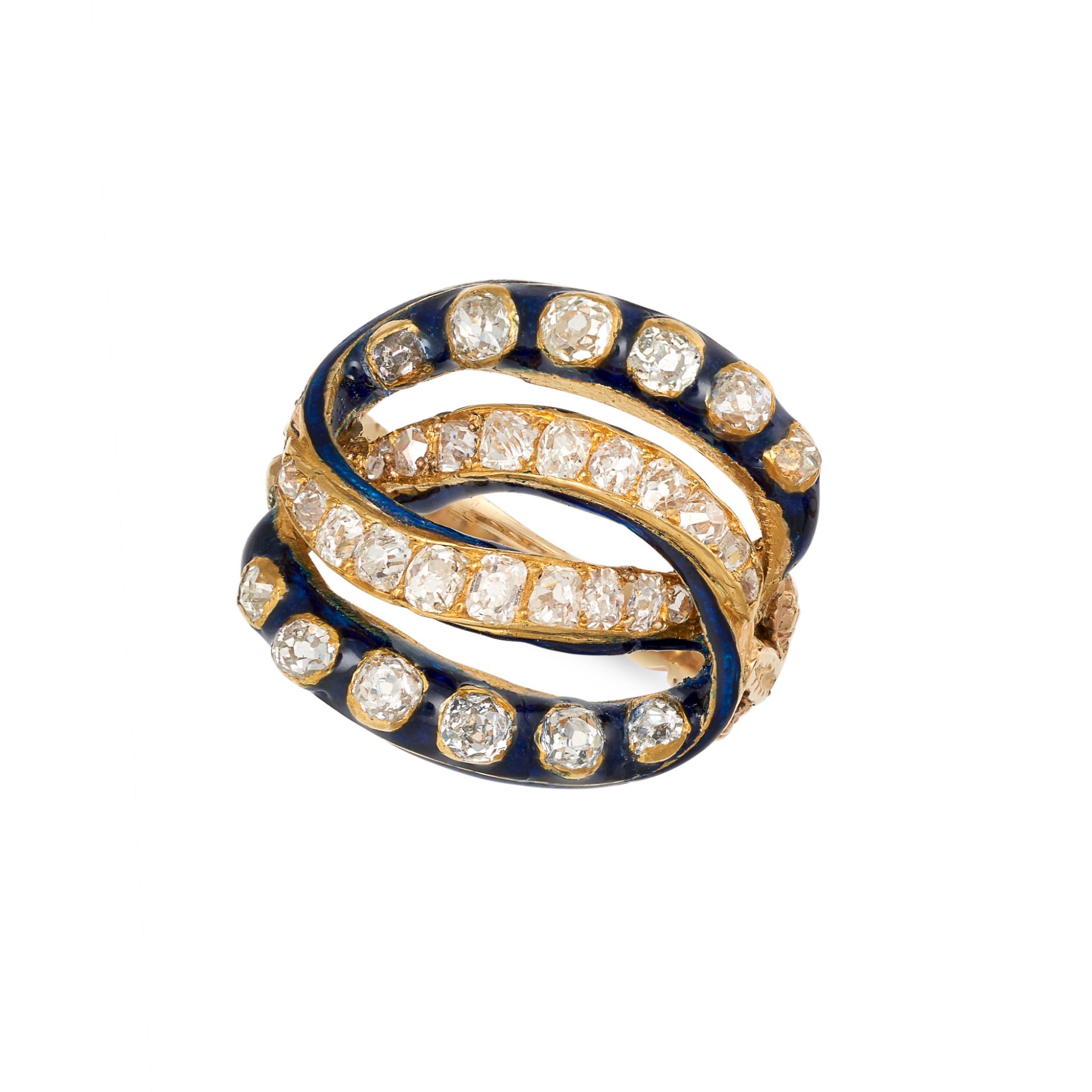 AN ANTIQUE ENAMEL AND DIAMOND RING in yellow gold, designed as interlocking hoops set with old cu...