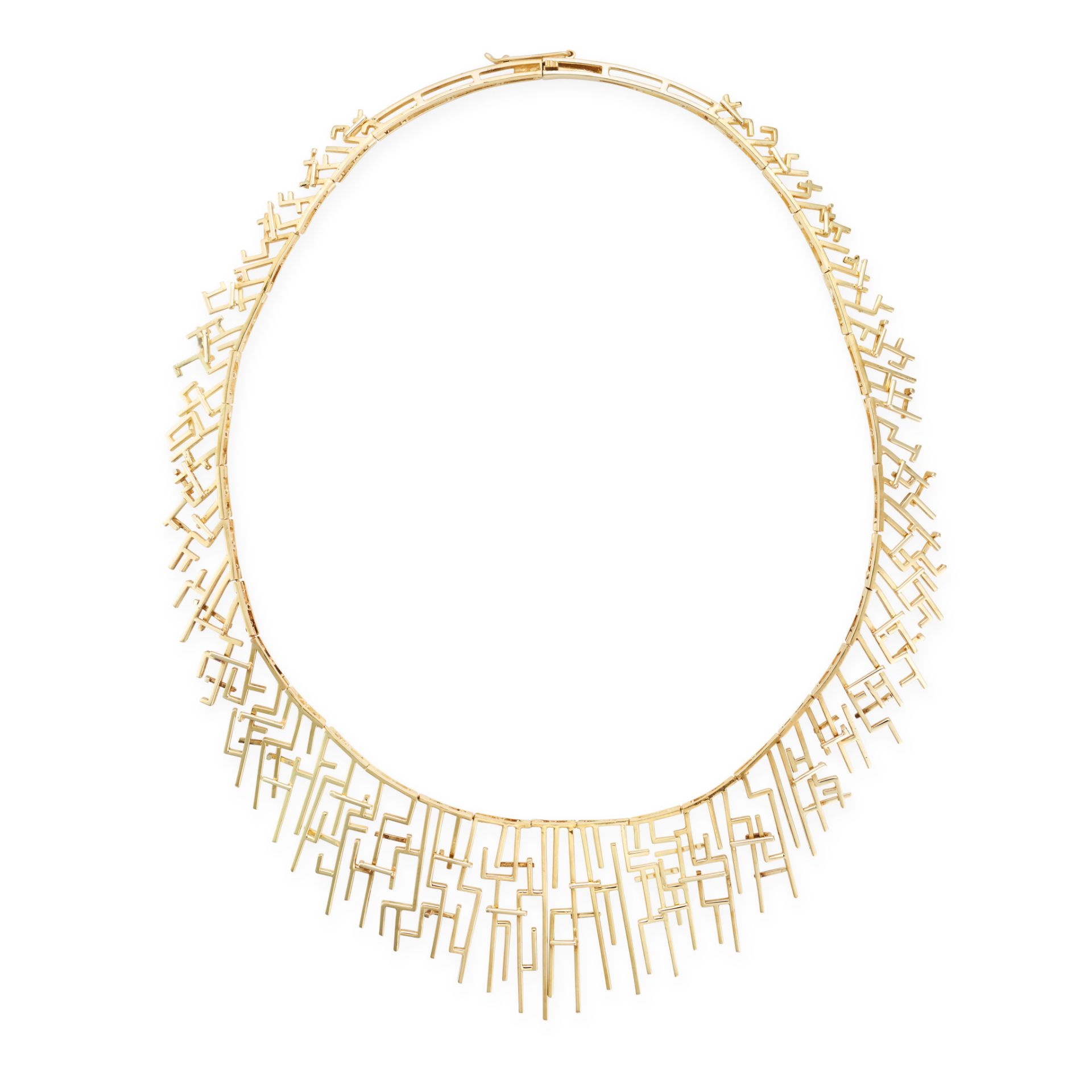 A MODERNIST GOLD BIB NECKLACE in 18ct yellow gold, the graduating necklace comprising abstract li...